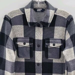 Lands Ends Womens Black/White Plaid Long Sleeve Button Up Fleece Size XS